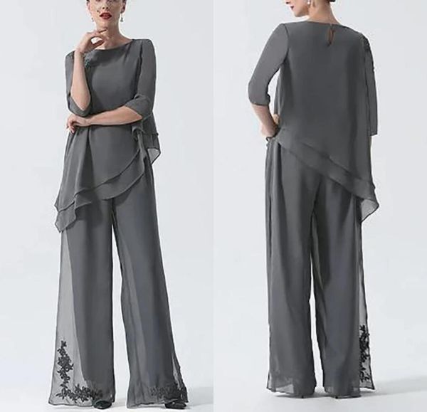 

pantsuit jumpsuit mother of the bride dresses plus size jewel neck floor length chiffon 34 sleeve evening gowns lace appliques wo6888700, Black;red