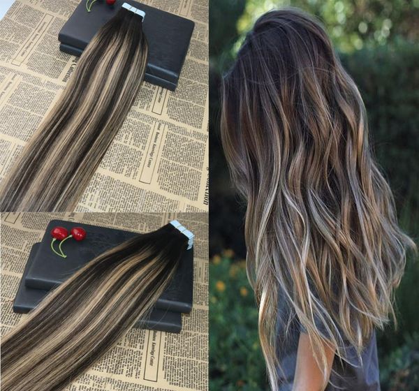 

100 remy human hair tape in hair extensions blayage 2 fading to 27 skin weft tape on virgin hair extensions 100g40pcs1257502, Black