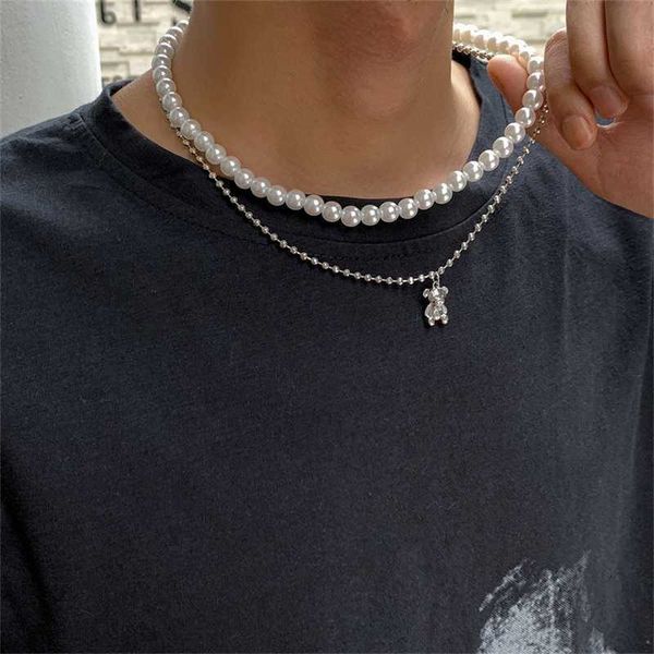 

beaded necklaces gattvict y2k fashion imitation pearls chokers necklace for men punk bear layered pendant personality women jewelry 230613, Silver