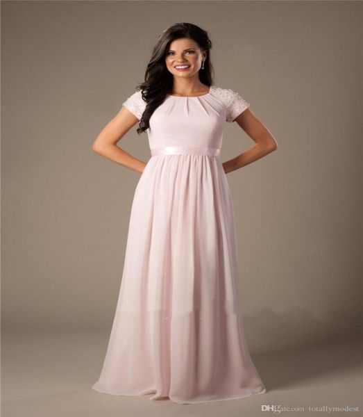 

beaded pink long chiffon modest bridesmaid dresses with cap sleeves elegant evening wedding party dresses aline floor length cust1378437, White;pink
