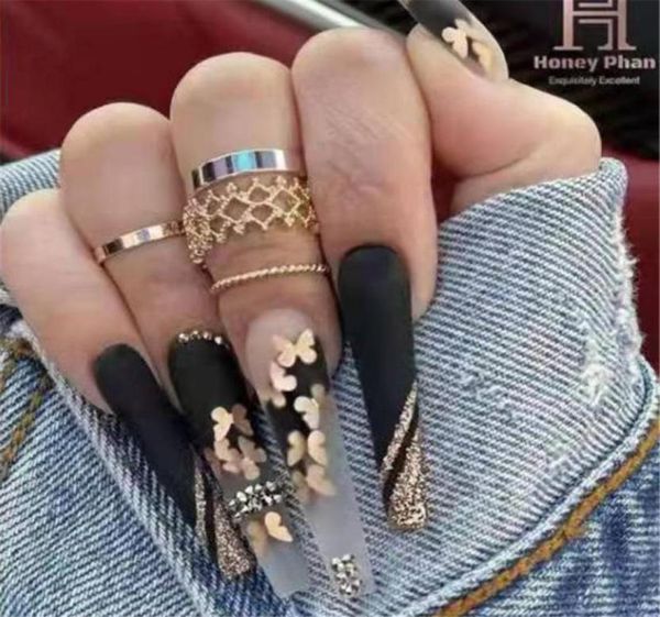 

false nails 24pcsbox black matte with butterfly design ballerina fake press on french coffin full cover nail tips1182383, Red;gold