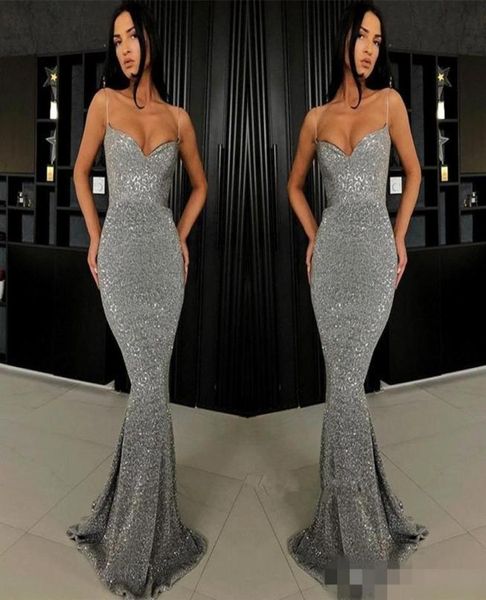

sparkly silver grey sequins prom dresses long mermaid with spaghetti straps 2019 custom made plus size evening formal wear party g2874075, Black