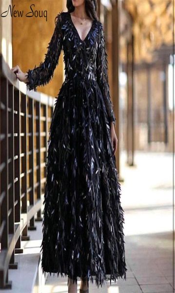 

dubai black v neck long sleeve evening dresses 2020 a line sparkly sequined ankle length evening gowns formal dress saudi arabia3107947, Black;red