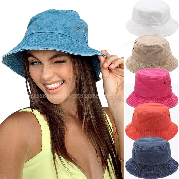 

wide brim hats bucket cotton women summer sunscreen panama hat men pure color sunbonnet visors outdoor fisherman beach cap 230629, Blue;gray