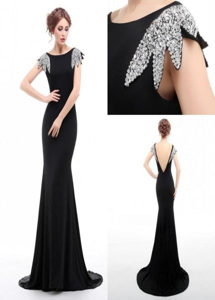 

100 real po black mermaid prom dresses with sequins capped sleeves women gowns sweep train backless party dresses3253030