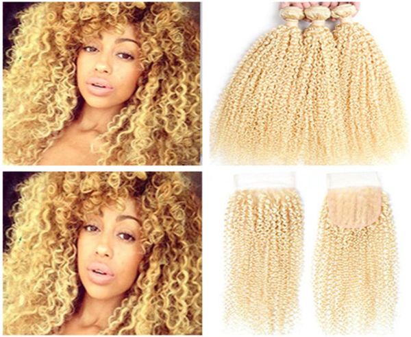 

brazilian blonde human hair weave bundles with closure kinky curly 613 bleach blonde virgin hair 3 bundle deals with 4x4 lace clo4532017, Black