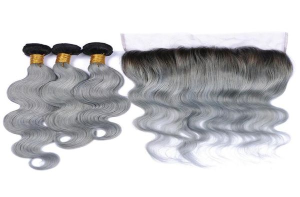 

virgin peruvian 1b grey two tone body wave human hair weaves with 134 full lace frontal closure silver gray 1b ombre hair bundles3911288, Black;brown