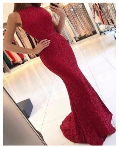

mermaid round neck prom dresses dark red lace cut out sweep train new arrival long prom dresses2522673, Black