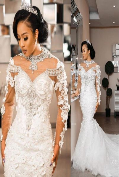 

2021 gorgeous mermaid wedding dresses jewel neck illusion lace appliques crystal beads long sleeves 3d floral flowers chapel train4404814, White