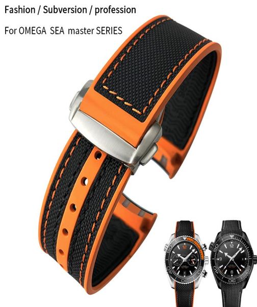 

22mm 21mm hight quality fluorous rubber silicone watch band for omega planetocean sea master 300 600 orange black nylon fabric st4881513, Black;brown