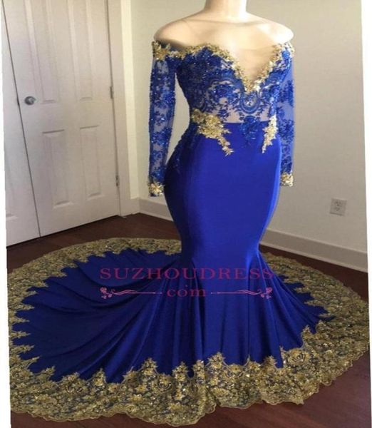 

luxury off shoulder royal blue prom dresses long sleeves lace appliqued mermaid evening gown long formal party bridesmaid dre7167552, Black