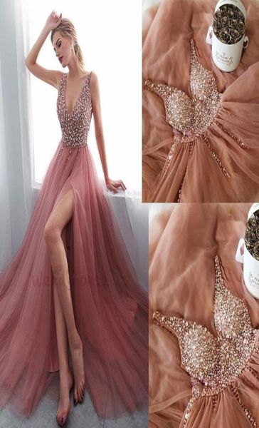 

sparkly dusty rose champagne deep v neck evening prom dress crystal beaded side split high beaded sequin party formal gowns pagean1465987, Black;red
