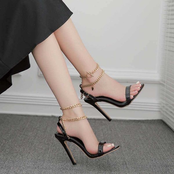 

lady sandals high heels metal chain one line women's summer 230615, Black