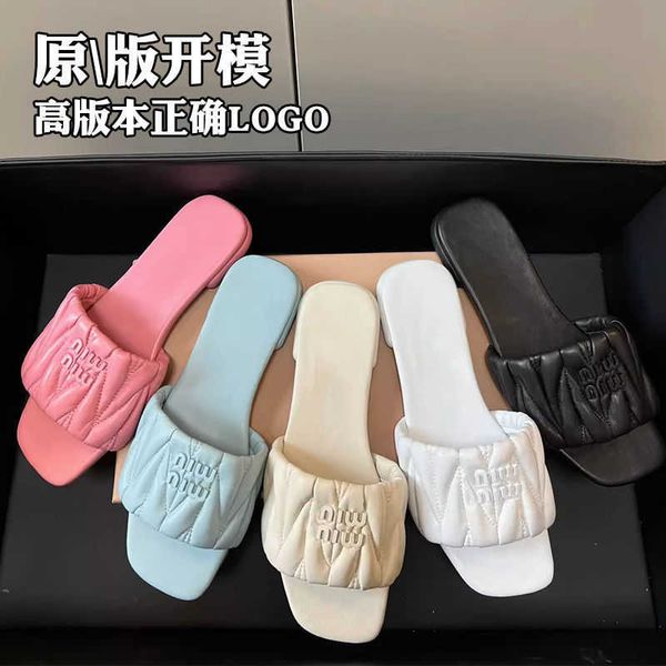 

mius beach shoes women slide designer sandals sheepskin pleated square slippers for women's summer new fashion flat bottom outwear casu