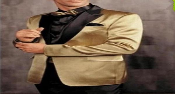 

new one button gold jacket black pants groom tuxedos peak lapel groomsman men prom blazer bridegroom suits jacketpantstie 12827458, Black;gray