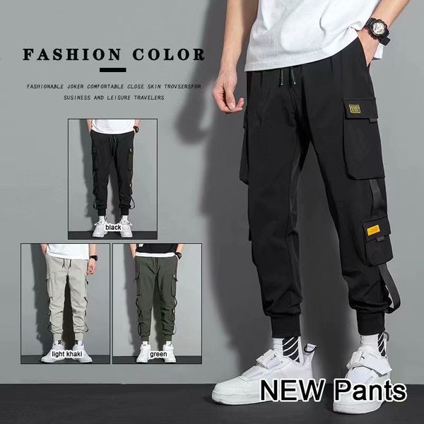 

men's pants classic streetwear casual men ribbons harem jogging pants male slim fit spring cargo pants multi-pockets women trousers 230, Black
