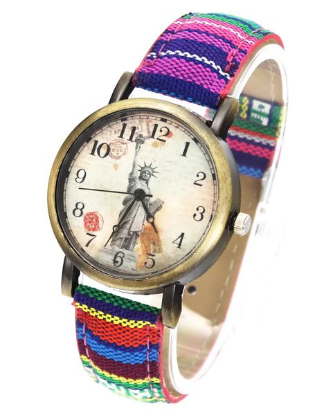 

watches wristwatches statue of liberty denim fabric band multicolor canvas strap cloth belt fashion quartz wrist watch, Slivery;brown