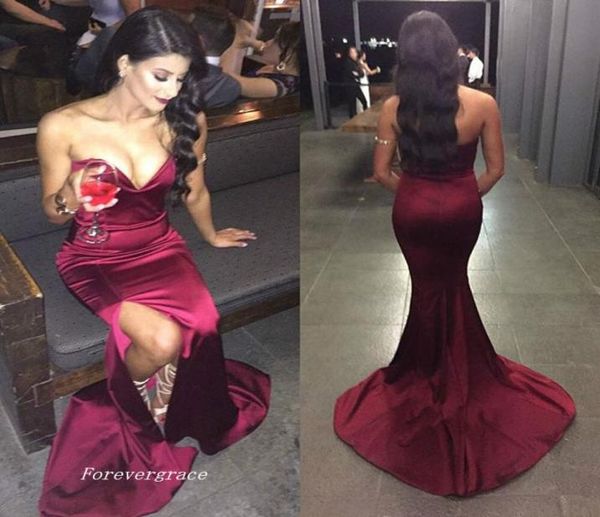

sweetheart burgundy mermaid long prom dress side slit satin formal evening party gown custom made plus size6024757, Black