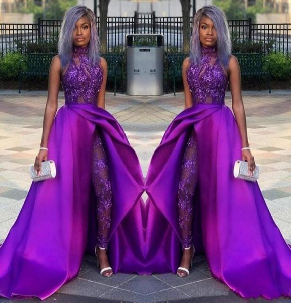 

classic jumpsuits prom dresses with detachable train high neck lace applique bead evening gowns african party women pant suits ves7187128, Black