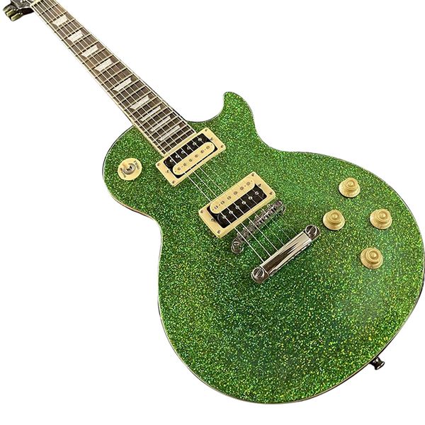 

big shiny green gold electric guitar peach zebra pickup chrome plated hardware