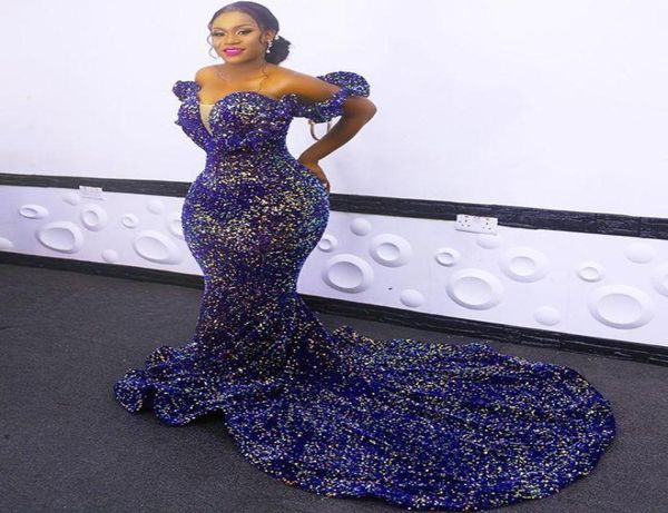 

2021 new african sequined evening dresses wear royal blue plus size off shoulder sequins mermaid prom gowns red carpet robe d6010418, Black;red