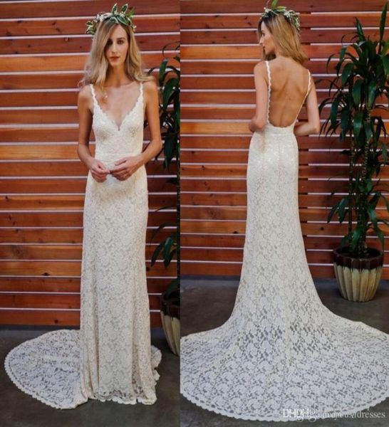 

spaghetti neck full lace wedding dresses backless sleeveless 2018 bridal gowns long sweep train bohemian wedding dress9146487, White