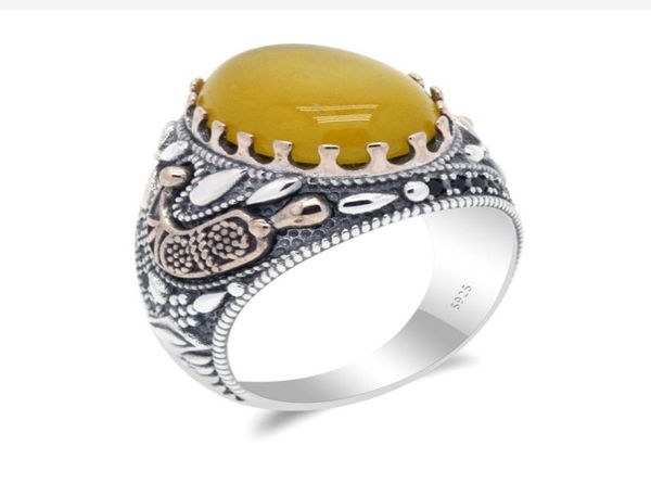 

natural stone men ring 925 sterling silver yellow onyx black cz antique celebration lucky rings for men women turkish jewelry8969974, Golden;silver