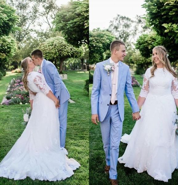 

plus size lace wedding dresses half sleeve jewel neck a line sweep train modest design 2020 spring bridal gowns custom made6767147, White