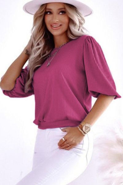 

breathable purple bubble ribbed knit half sleeved women's shirt, White