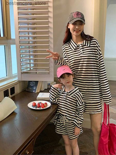 

parent-child striped suit short-sleeved t-shirt shorts mother and daughter korean children's clothing cotton mommy and me l230522, Blue
