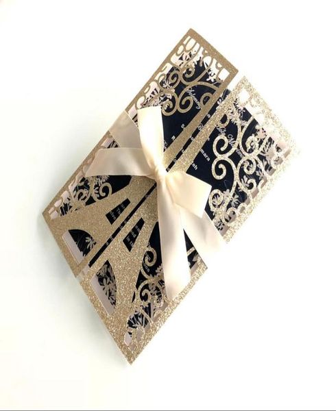 

iffel tower paris glitter laser cut quinceanera invitation with champagne ribbon invitations for sweet 16 bridal shower birthday p8244386, Black