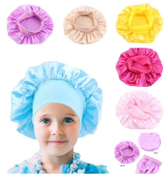 

fashion kids solid color bonnet girl satin night sleep shower cap hair care soft cap head cover wrap beanies skull cap for 16y ba5910820, Yellow