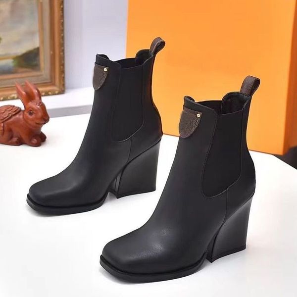 

rivet letter boots woman cowhide zipper metal buckle designer ankle boot 100% leather lady high heels fashion autumn winter thick heel women, Black