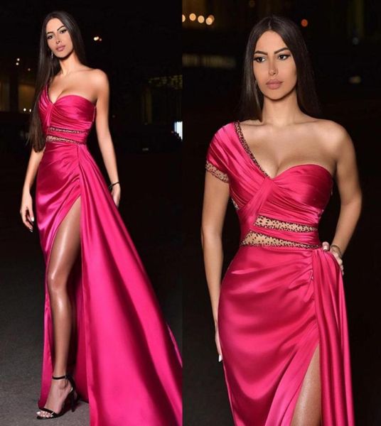 

high side split evening dresses ruffles one shoulder short sleeve prom dress dubai african specail occasion gowns4180557, Black