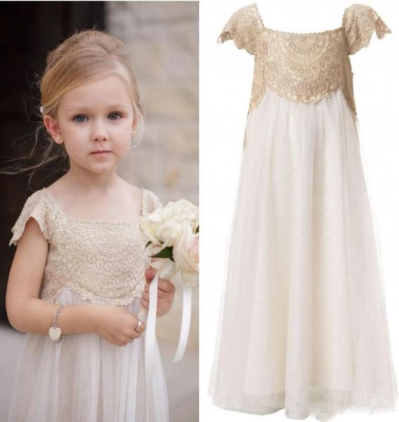

vintage flower girl dresses for bohemian wedding floor length cap sleeve empire champagne lace ivory chiffon first communion2339824, White;blue