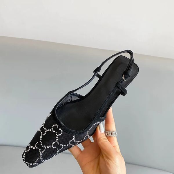 

sandals designers rhinestone women dress shoes fashion sandal gauze decoration calico luxury small square head kitten heel back strap leathe, Black