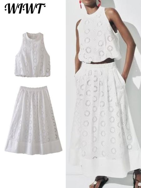 

two piece dress women white embroidery skirts sets summer causal hollow out sleeveless o-neck elastic waist a-line midi skirts suit 230629
