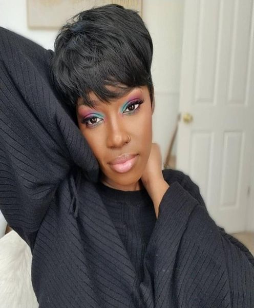 

short bob straight human wigs with bangs brazilian virgin hair pixie cut wig natural machine made wigs for black women8257084, Black;brown