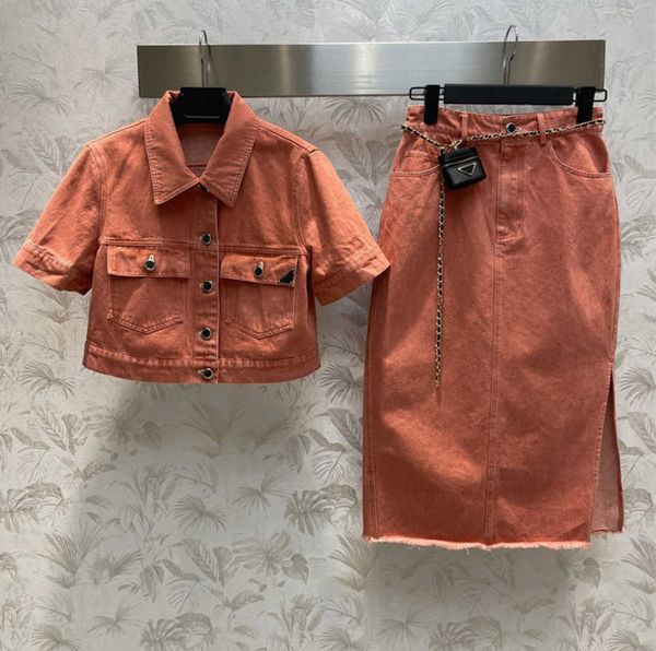 

denim skirt suit two piece set lapel short denim shirt high waist a word burlap half body skirt with fanny pack summer designer women 0607, White