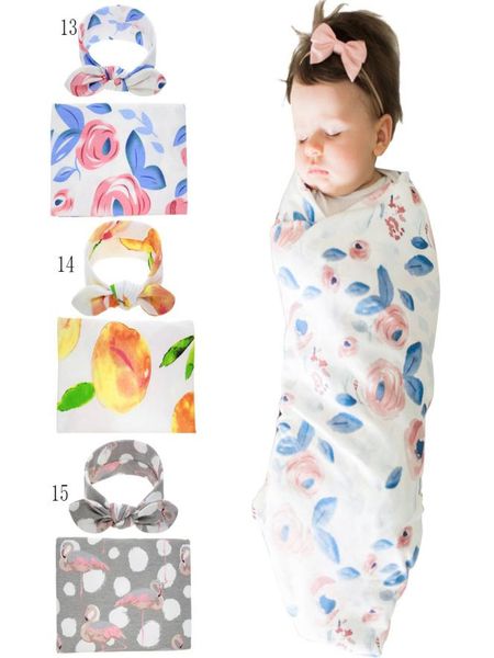 

16 colors newborn baby baby cotton swaddle 2pc set rabbit ears bow headbandswaddle floral yellow peach flamingo printing blankets5596212