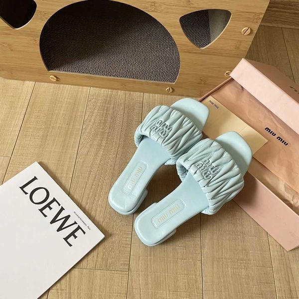 

slide mius sandals beach designer shoes high women new family flat bottomed wearing line square open toe pleated sheepskin slippers for ccn1