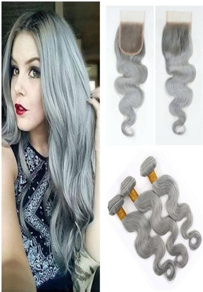 

new fashion grey silver brazilian virgin hair weave 3 bundles with lace closure body wave human hair extension with lace closure g3121332, Black;brown
