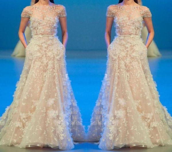 

elie saab dresses evening wear illusion 2017 beads 3d floral appliqued short sleeve prom gowns tulle long formal party dres6718039, Black;red