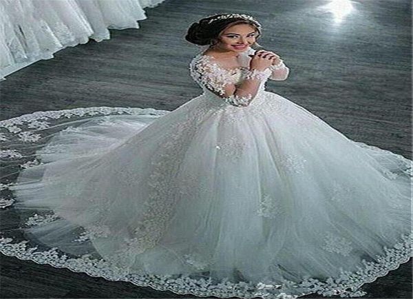 

amazing tulle sheer long sleeves jewel neckline ball gown wedding dresses with beaded lace appliques bridal gowns7284182, White
