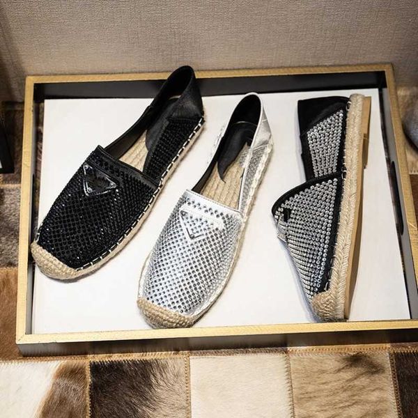 

crystal embellished espadrilles women's designer shoes luxury girls triangle buckle loafer slip ballet flats beach slides straw slipper, Black