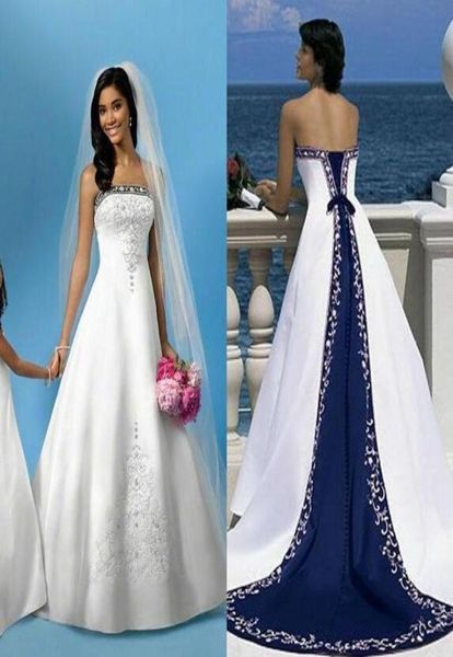 

vintage white and blue satin a line wedding dresses with embroidery bridal dress sweep train elegant wedding gowns8896831