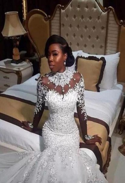 

luxury mermaid wedding dresses sheer long sleeve high neck crystal beads chapel train african arabic bridal gowns plus size custom7106486, White