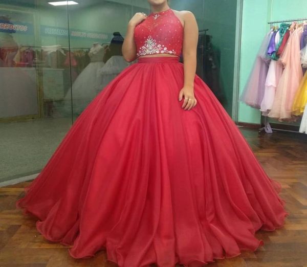 

sparkly ball gown quinceanera dress open back two piece halter lace up crystal sweet 16 dresses girls 15 birthday gowns1057829, Blue;red