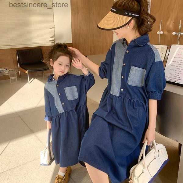 

spring summer 2023 mother and daughter fashion denim patchwork dress gilrs parent-child dress family matching outfits l230522, Blue