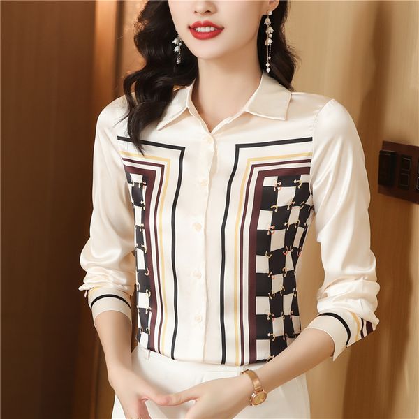 

luxury designer shirts silk wear for woman fashion print formal lapel long sleeve blouses 2023 sweet chic back to school satin new in and s, White